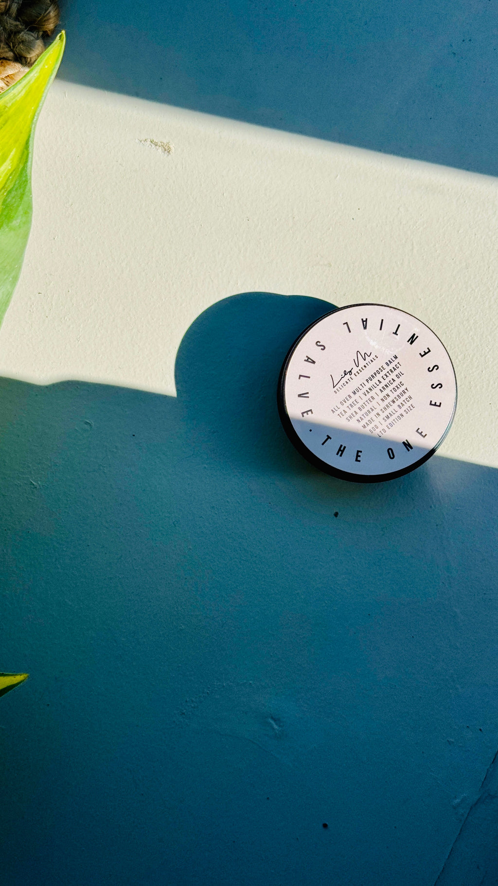 multi purpose balm with lid on, placed on a wooden counter with sunlight shinning on the tin, plant on the left side