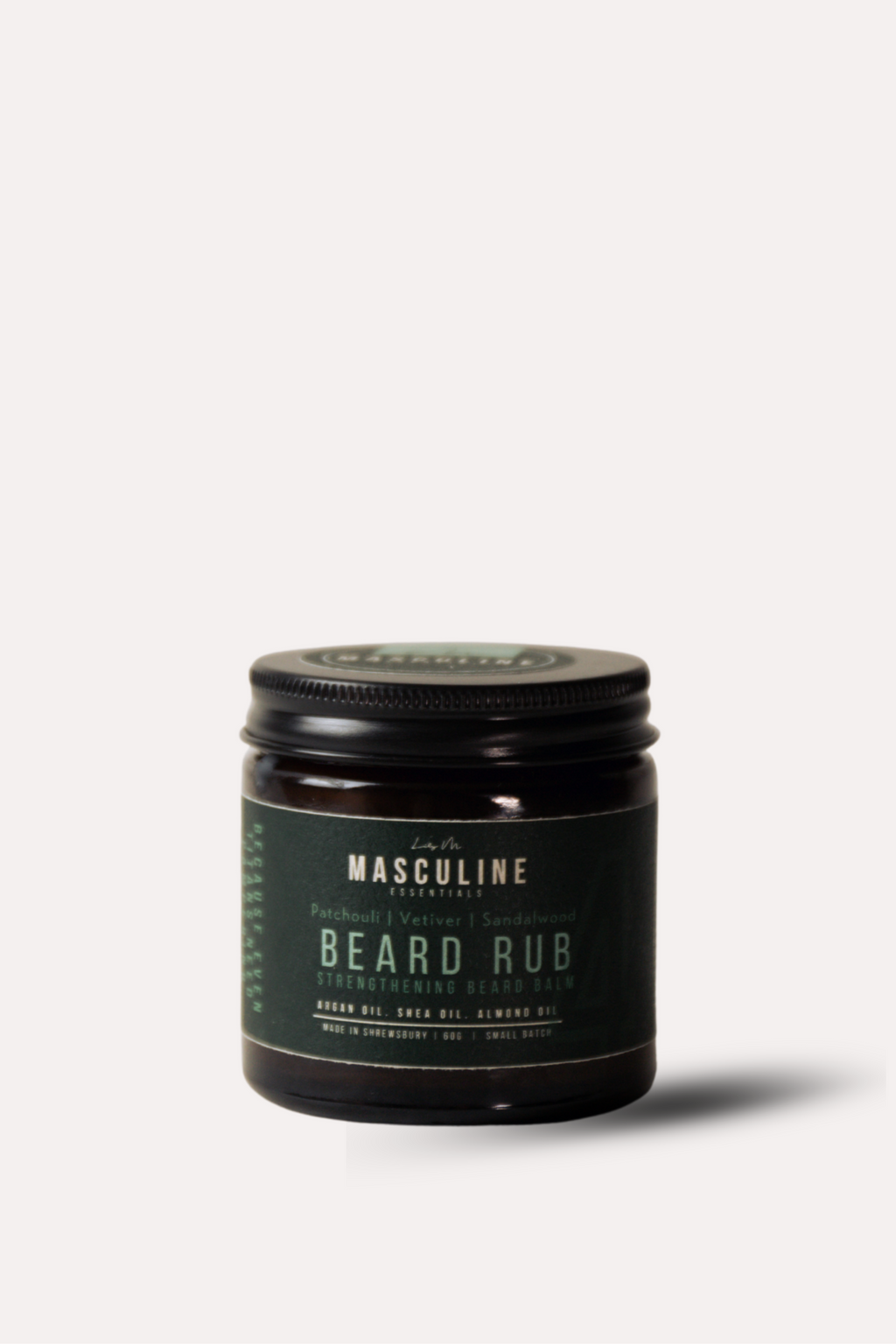 Jar of Masculine Beard Rub on a white background