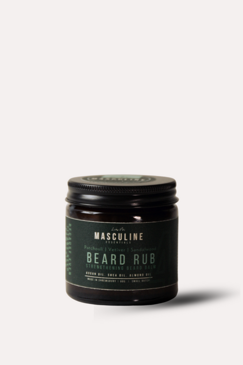 Jar of Masculine Beard Rub on a white background