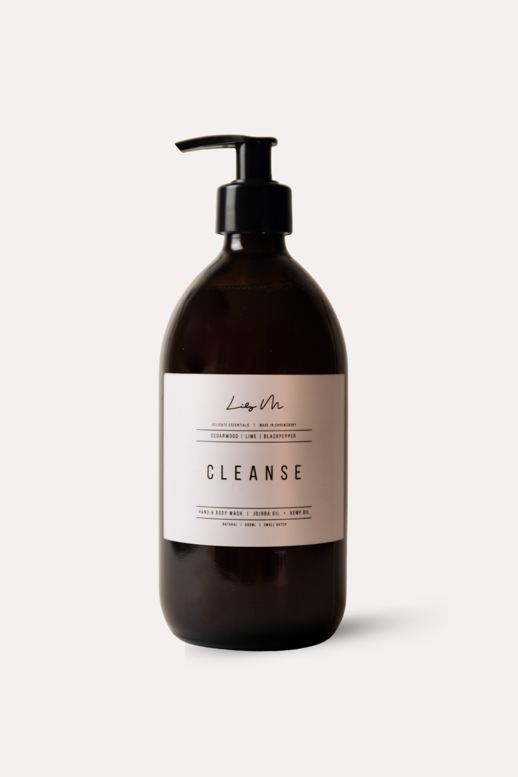 Bottle labeled 'Cleanse' on a white background hand wash