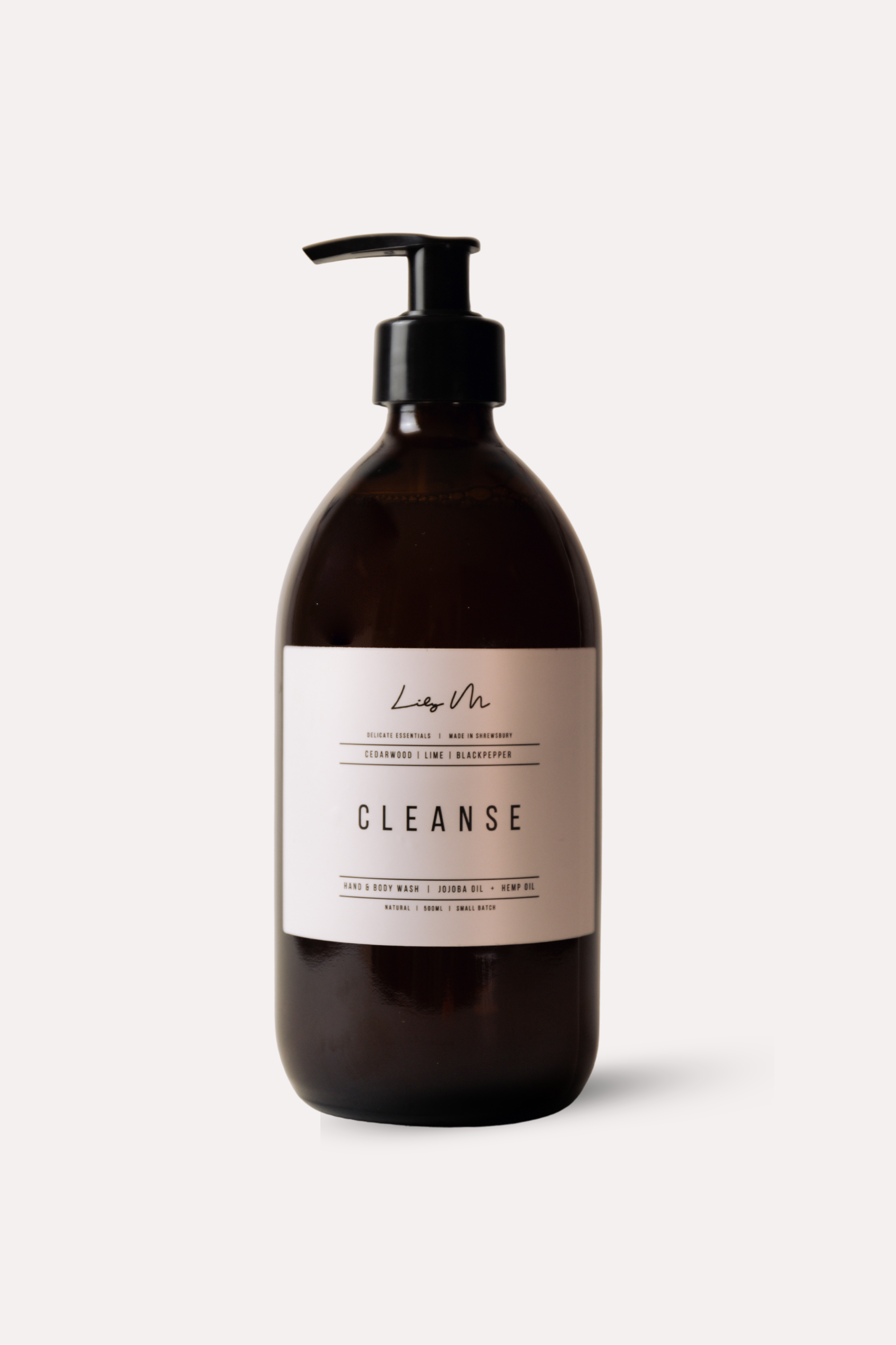 Bottle labeled 'Cleanse' on a white background hand wash