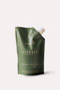 Green packaging of a product labeled 'Cleanse' on a white background refill pouch