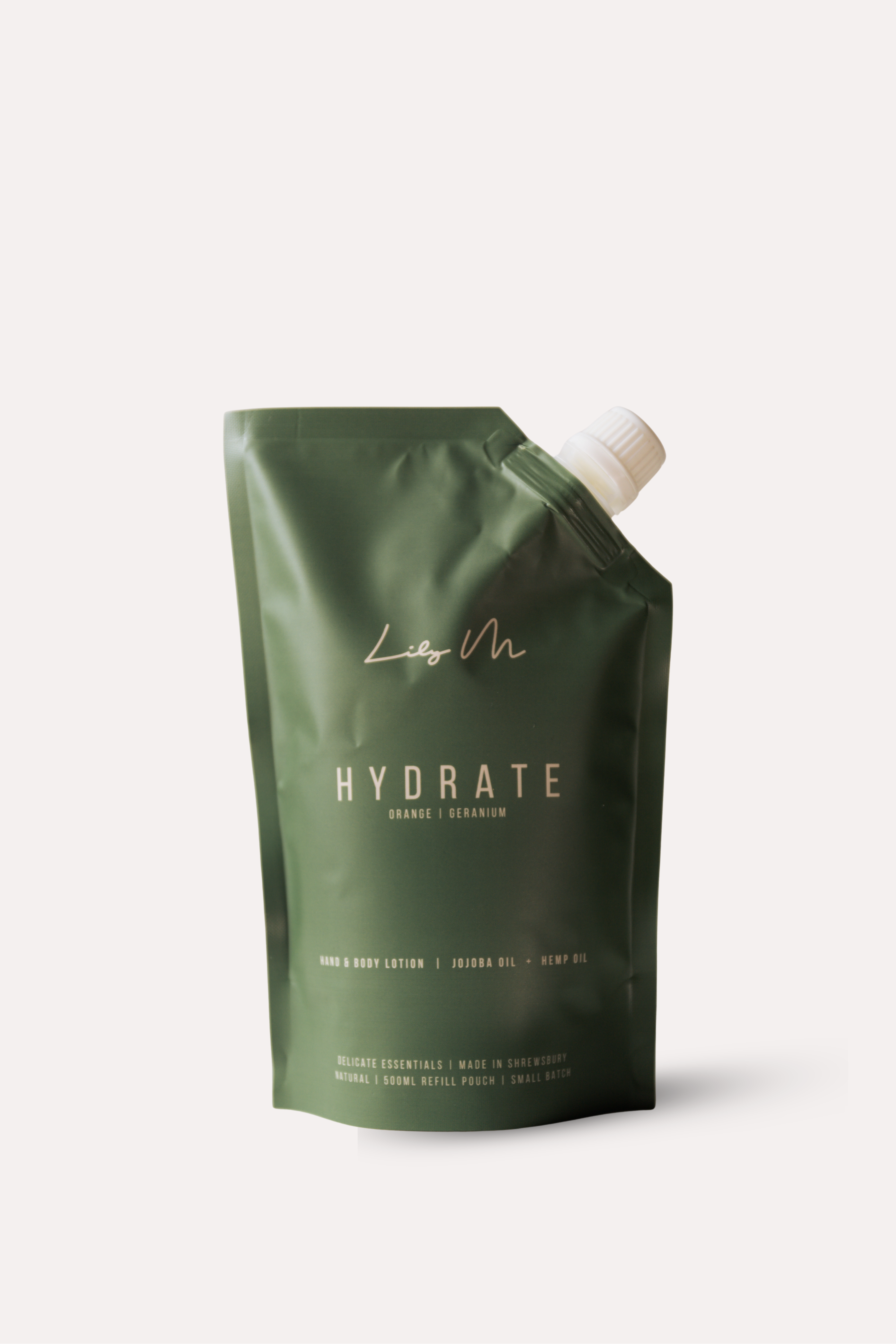 Green pouch labeled 'Hydrate' on a white background - refill pouch