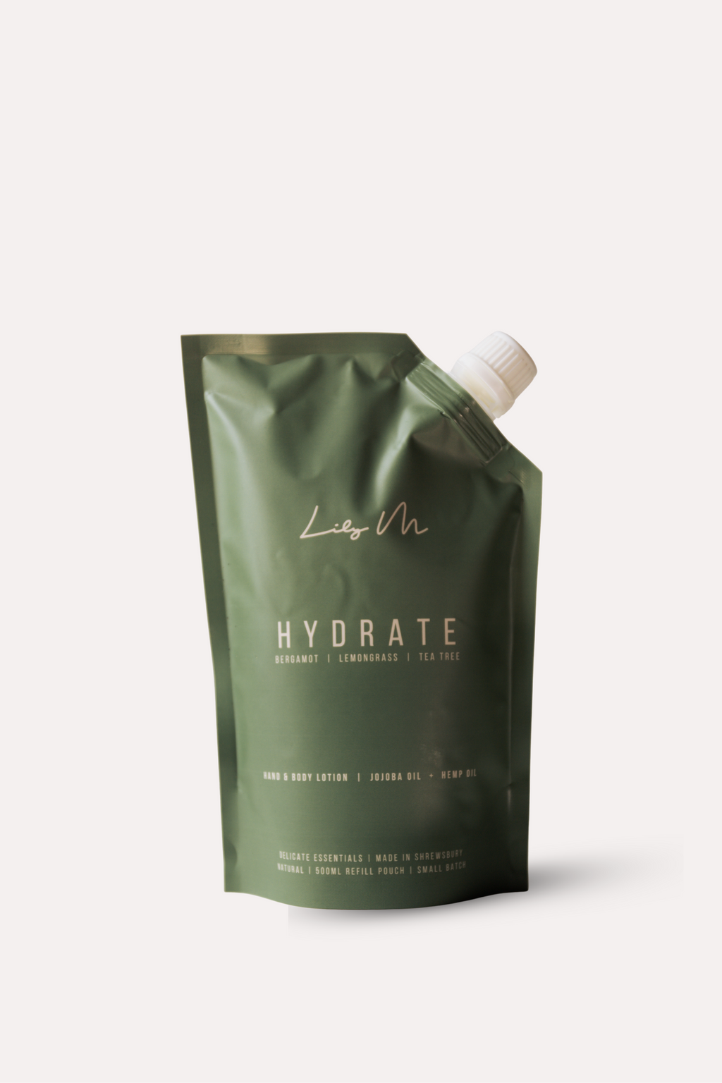 Green refill pouch labeled with 'Hydrate' on a white background