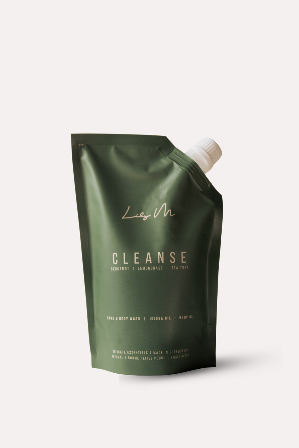 Green pouch labeled 'Cleanse' on a white background