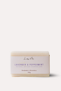 Bar of soap with a label on a white background