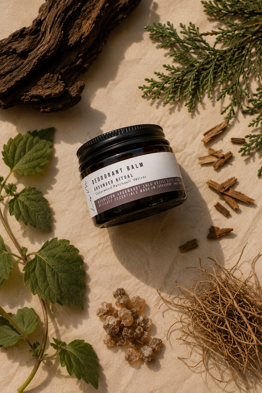 Jar of balm surrounded by natural elements on a textured surface