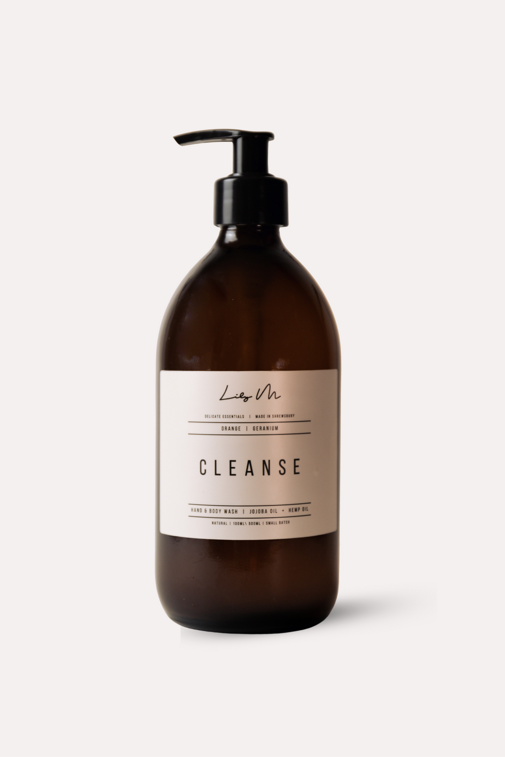 Brown bottle with pump labeled 'Cleanse' on a white background